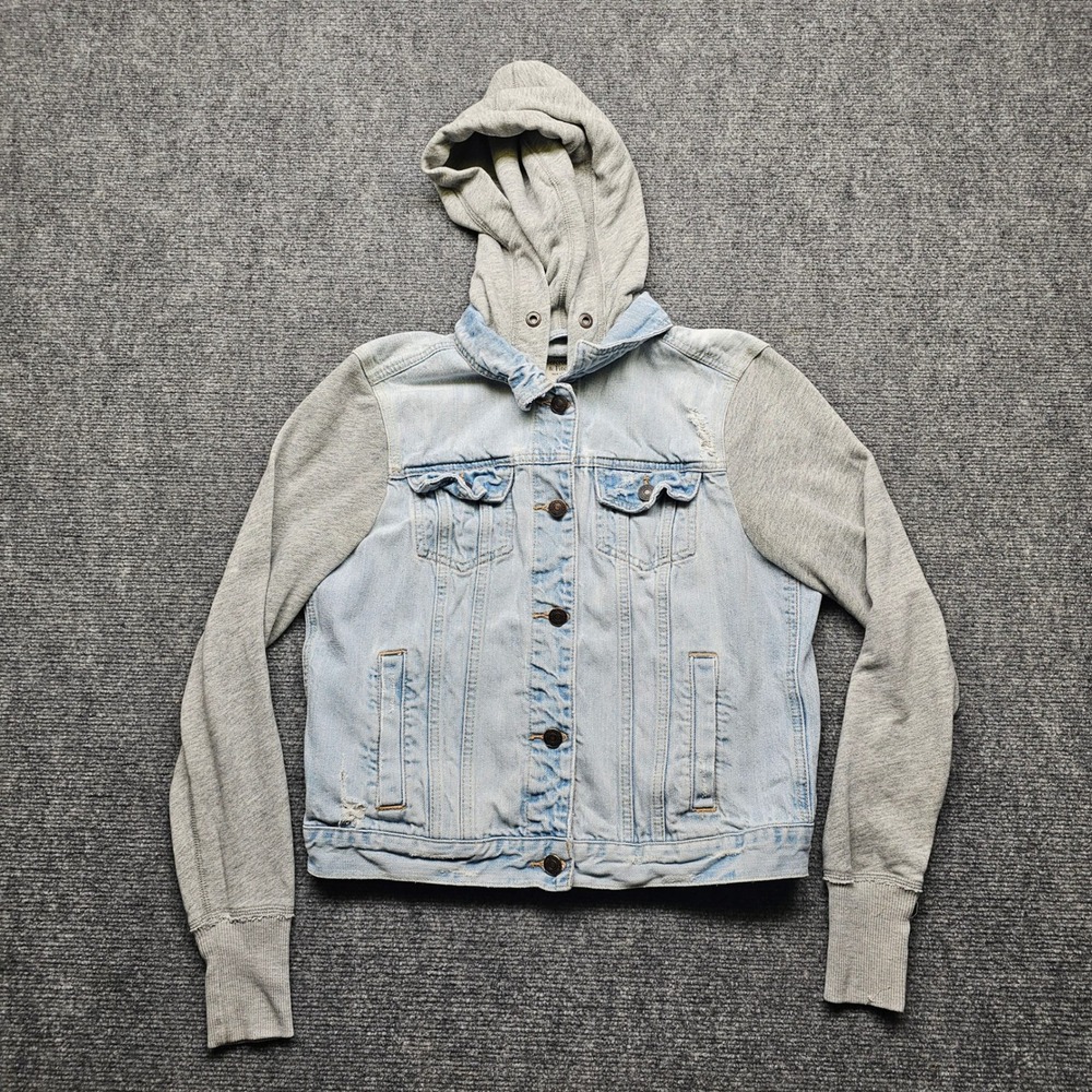 Abercrombie & Fitch Hooded Denim Jacket Light Wash Distressed Mixed Media Large